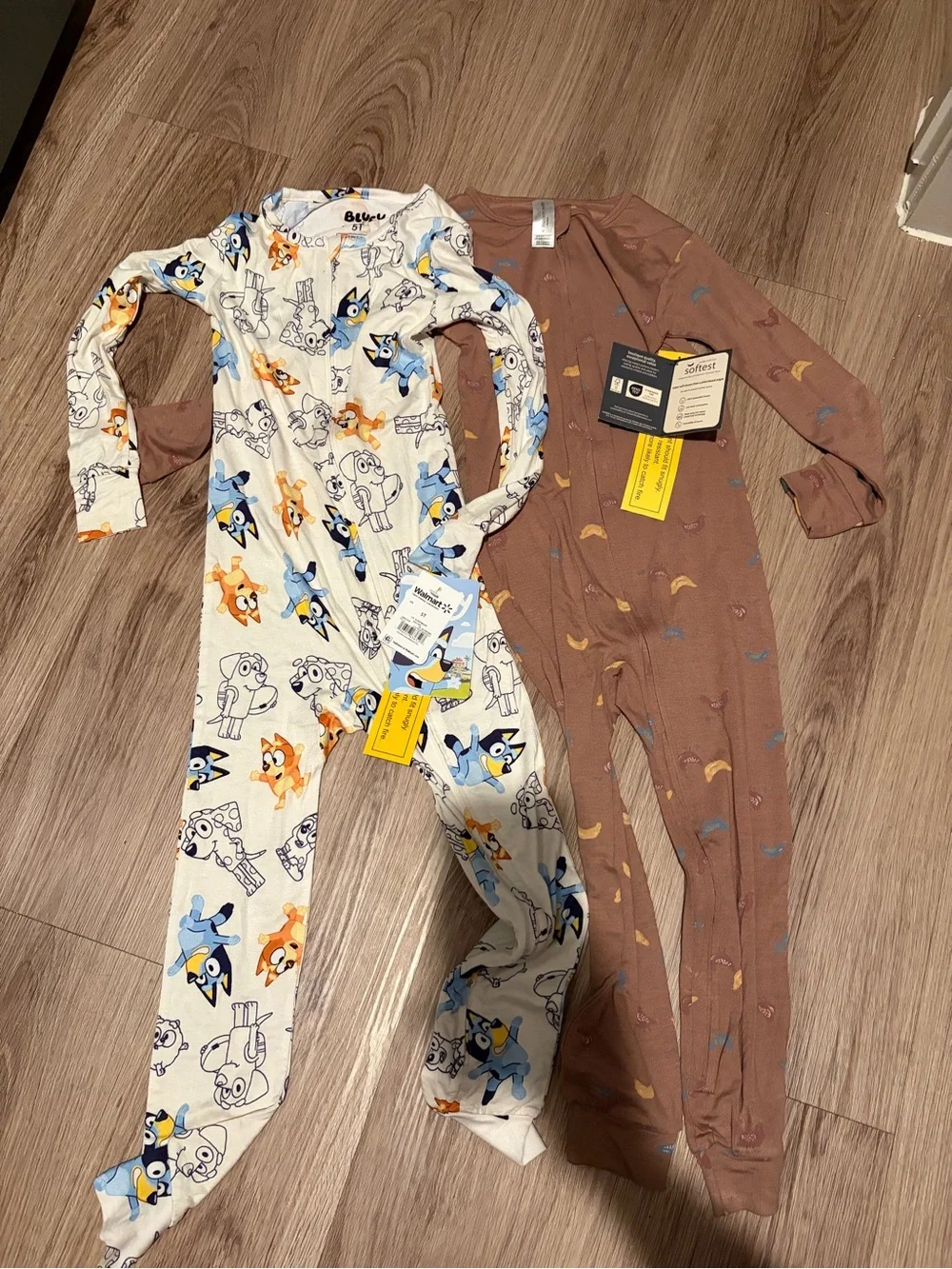 Bluey Print White Kids Footed Pajamas with Brown Banana-Print Pajama (Set of 2)